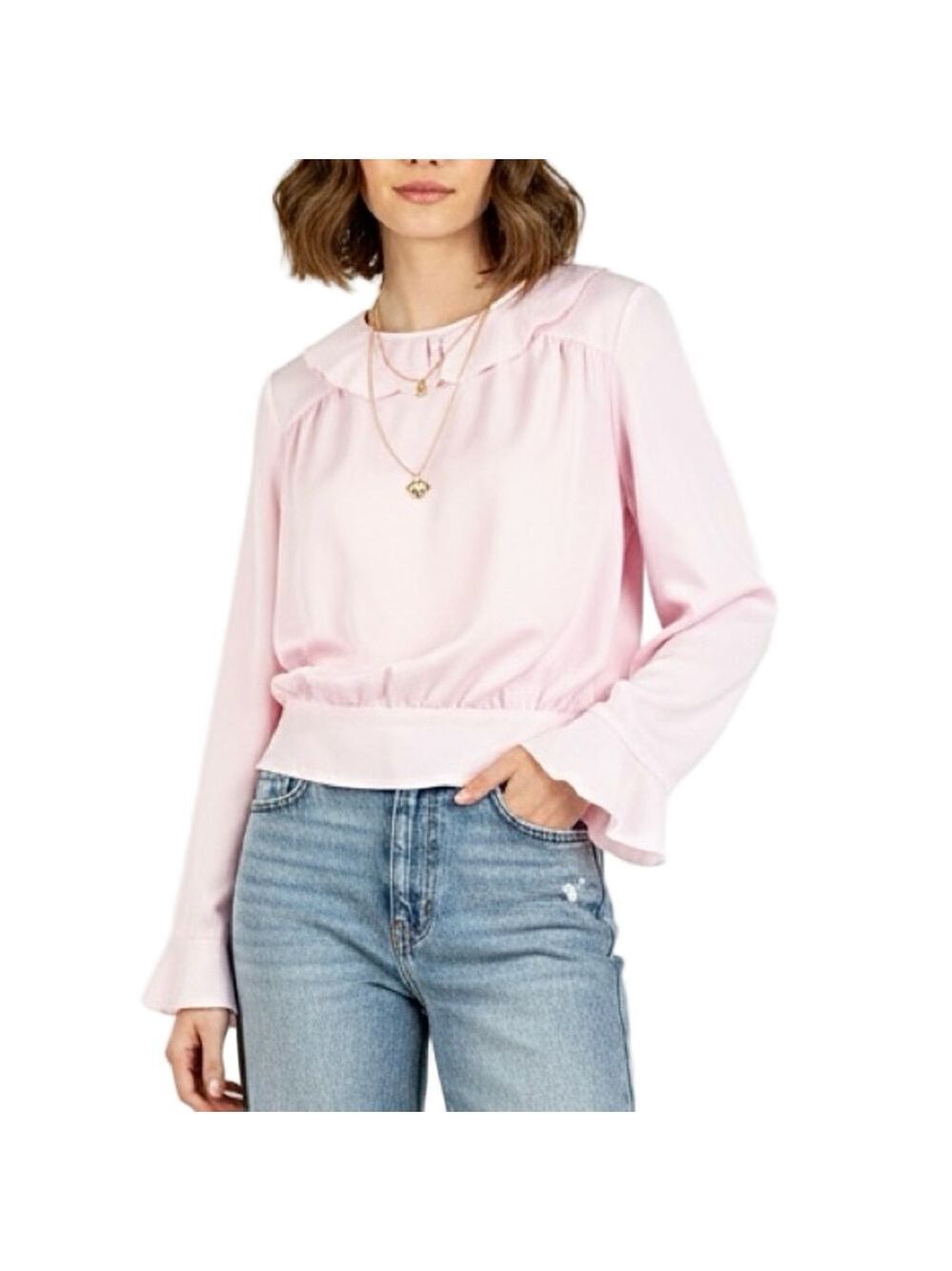 Vintage pastel pink ruffle collar flounce sleeve gathered blouse